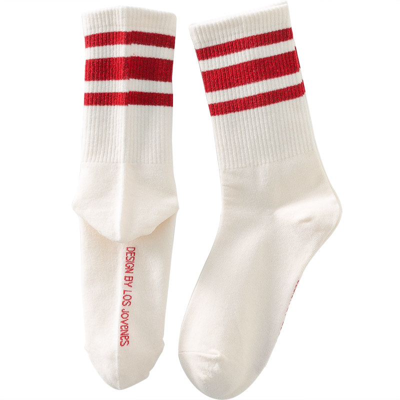 Beige two-bar striped blue and red striped mid-calf socks for women, popular on social media, long calf socks for men, versatile and trendy on Instagram Item Picture